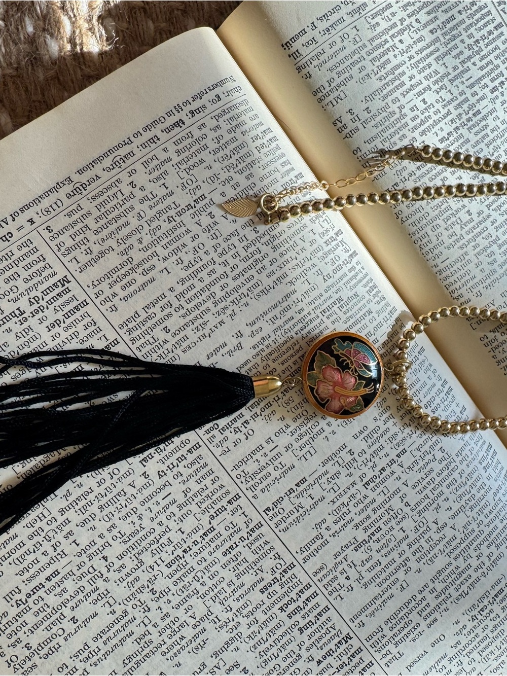 Gold Chain Necklace with Black Tassel and Floral Pendant